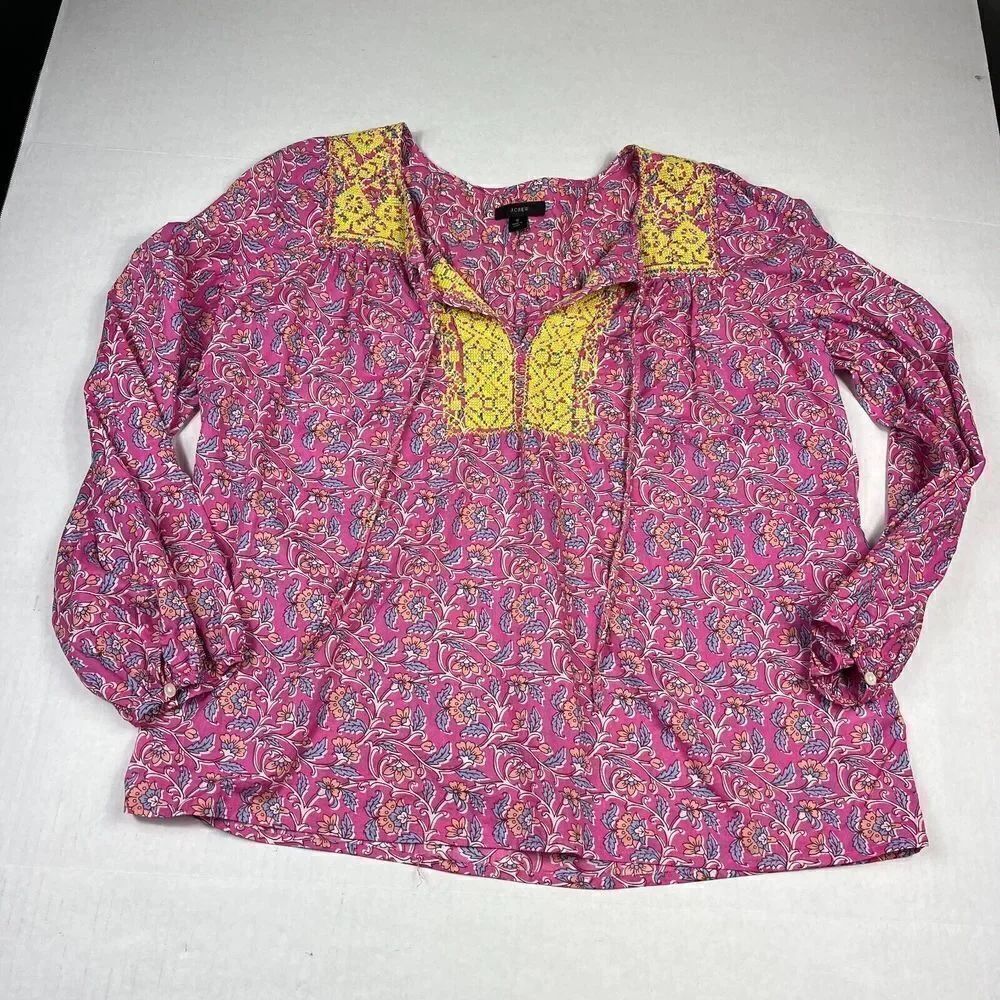J.Crew Womens Peasant Embroidered Shirt Floral Neck Tie Long Sleeve Boho SMALL